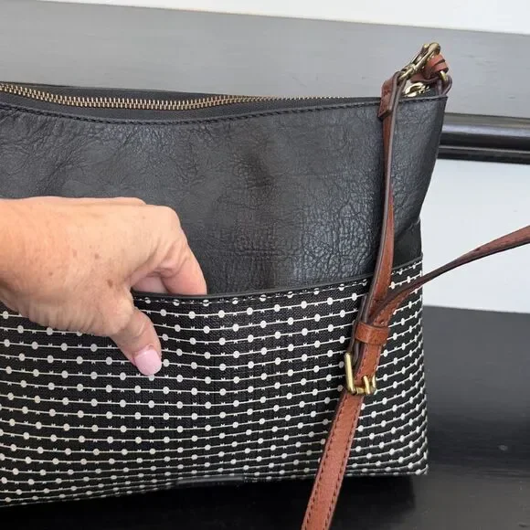 Fossil genuine leather waxed canvas crossbody shoulder handbag purse neutral - Picture 7 of 14